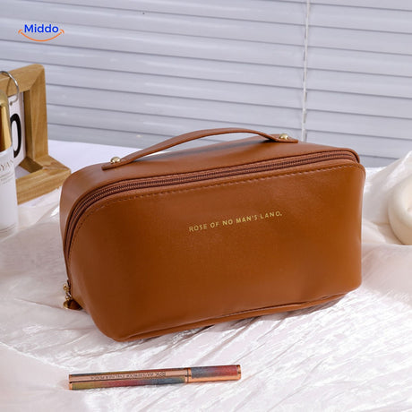trousse de maquillage marron imperméable, grande capacité et finition effet cuir naturel