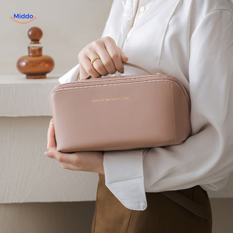 trousse de maquillage portable rose clair, légère et imperméable pour le quotidien et le voyage