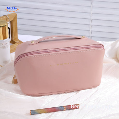 trousse de maquillage rose doux imperméable, compacte et multifonctions pour le quotidien