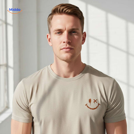 gros plan sur le logo smiley imprimé sur t-shirt beige en coton doux