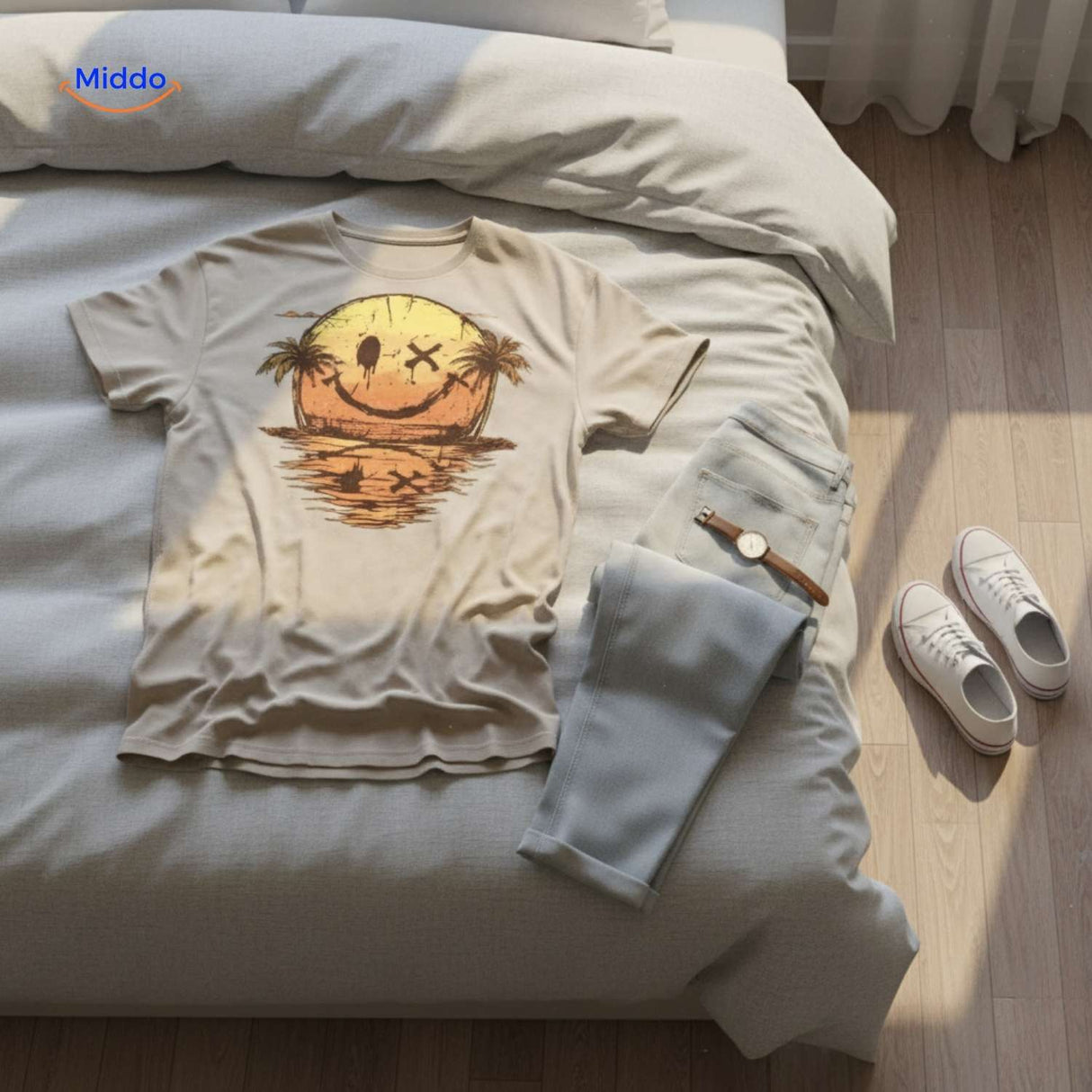 t-shirt beige avec imprimé à plat sur un lit, vue de dessus
