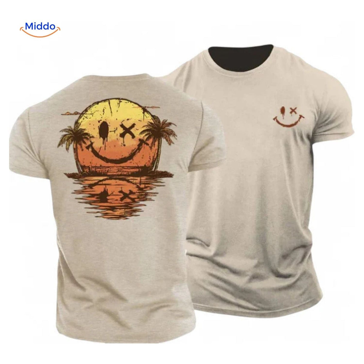 t-shirt beige avec imprimé coucher de soleil et smiley, style estival doux