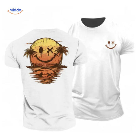 t-shirt blanc avec imprimé coucher de soleil et smiley, design coloré et estival