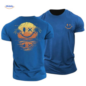 t-shirt bleu avec imprimé coucher de soleil et smiley, look graphique et casual