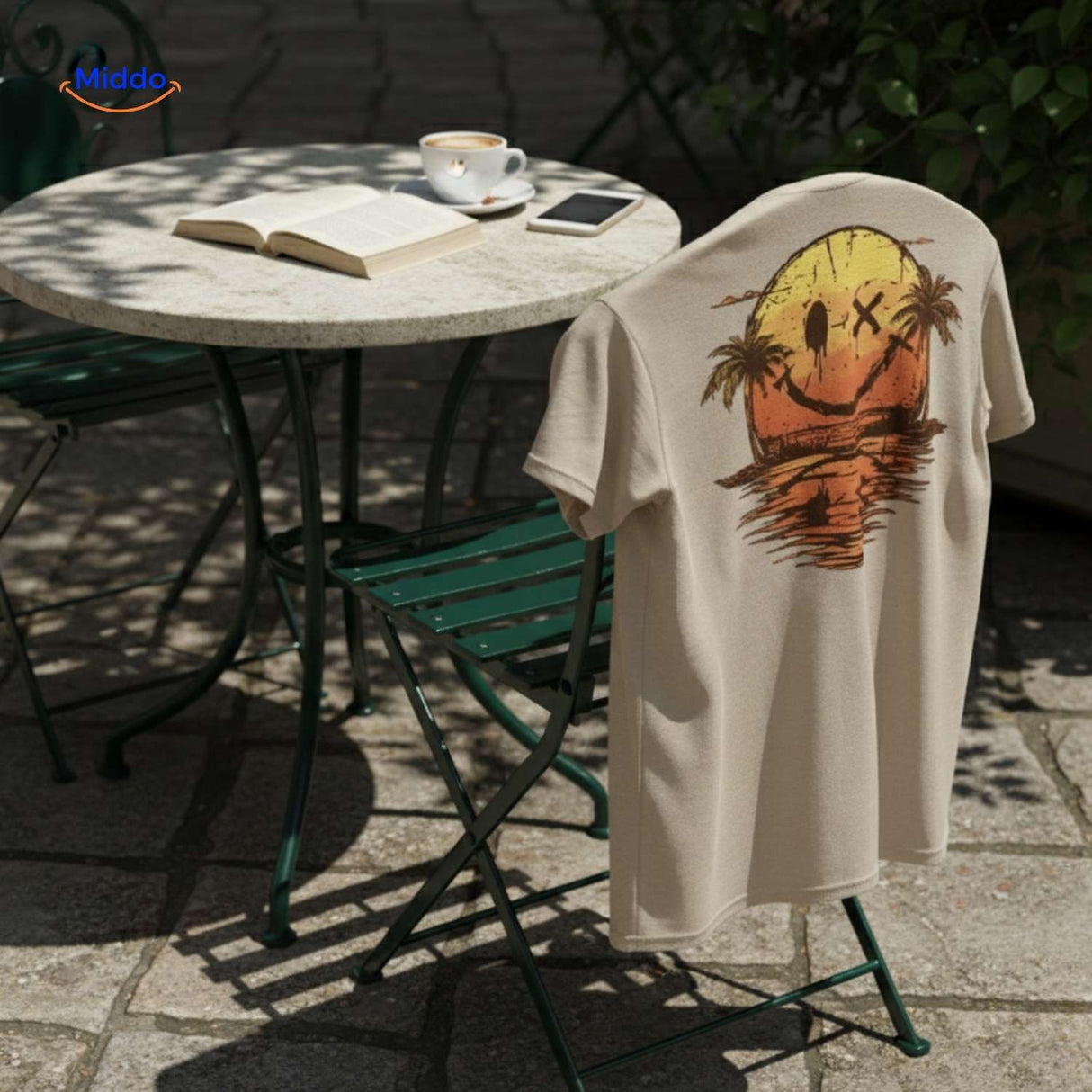 t-shirt beige avec imprimé smiley posé sur une chaise en extérieur