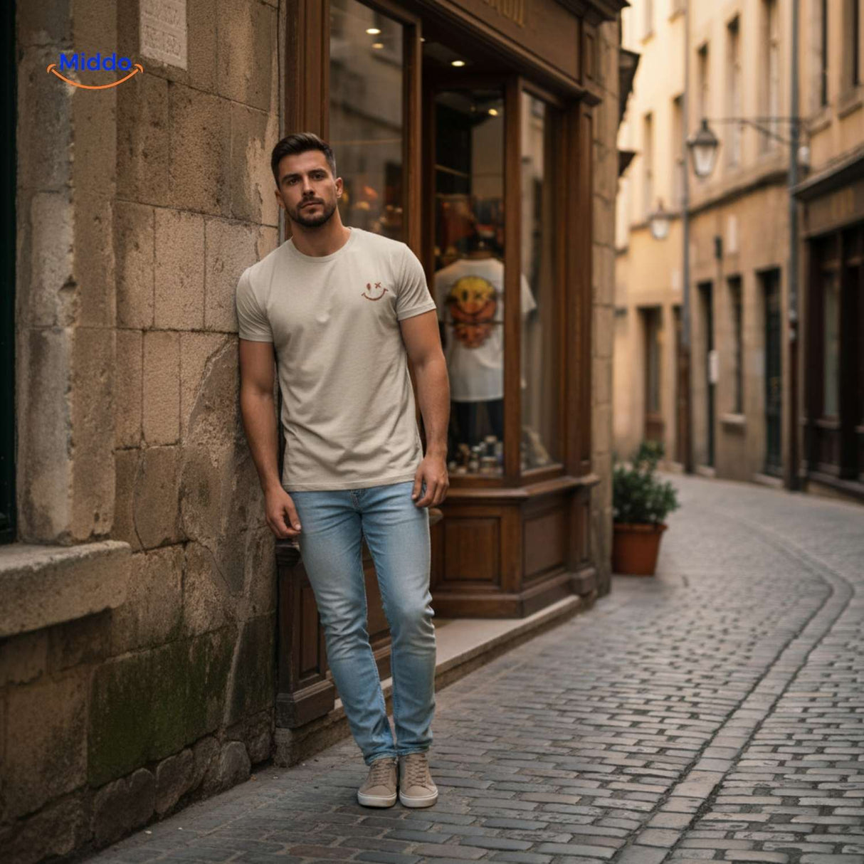 t-shirt coton homme appuyé contre un mur, style streetwear décontracté
