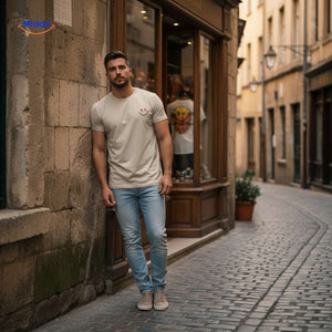 t-shirt coton homme appuyé contre un mur, style streetwear décontracté