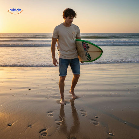 t-shirt coton homme tenant une planche de surf sur la plage, look estival