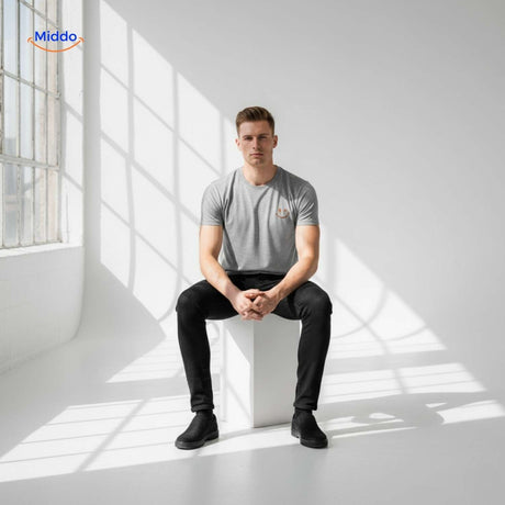 t-shirt gris porté par un homme assis dans un studio minimaliste, pose naturelle