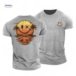 t-shirt gris avec imprimé coucher de soleil et smiley, design original toutes saisons