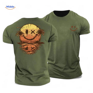 t-shirt kaki avec imprimé coucher de soleil et smiley, coloris tendance army