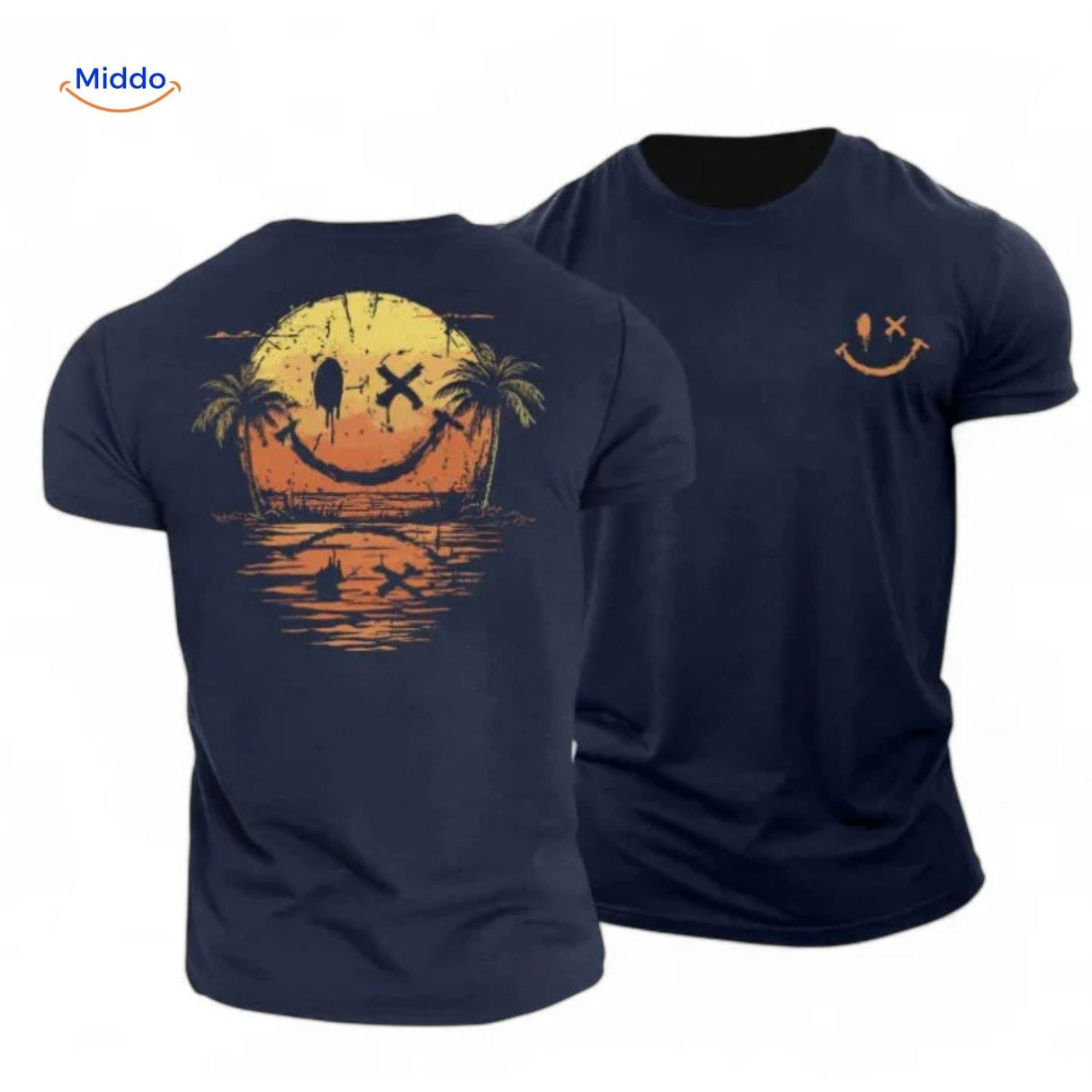 t-shirt bleu marine avec imprimé coucher de soleil et smiley, design graphique original