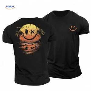 t-shirt noir avec imprimé coucher de soleil et smiley, contraste visuel saisissant