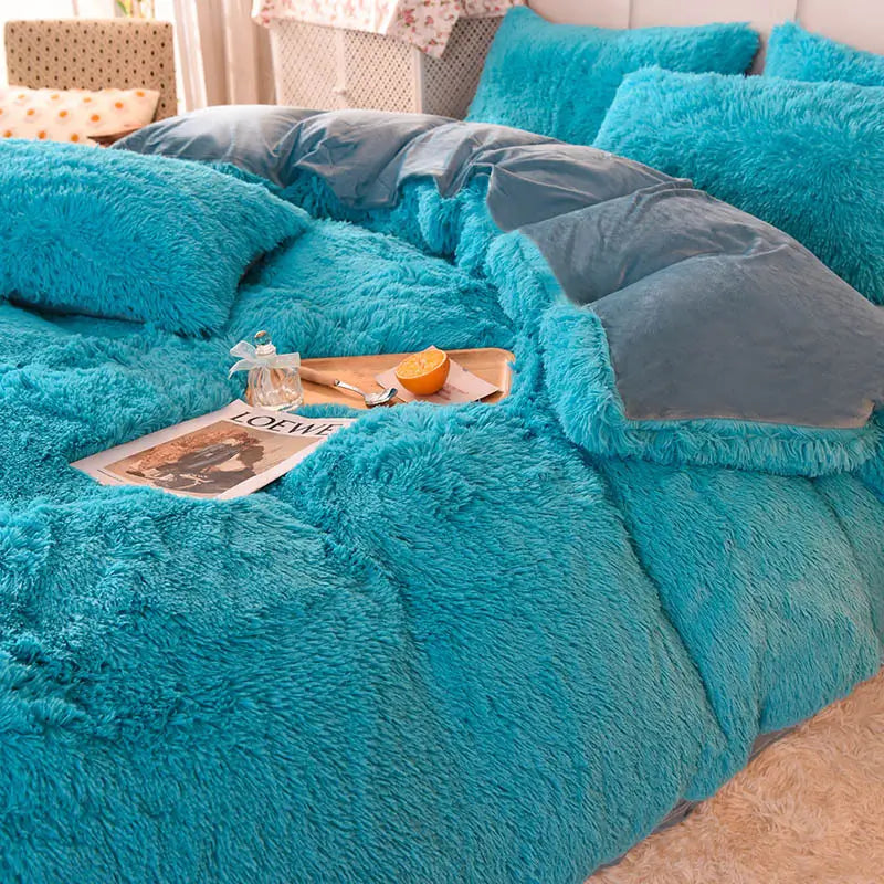 Parure de lit Teddy Fluffy en polaire, Turquoise et gris
