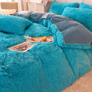 Parure de lit Teddy Fluffy en polaire, Turquoise et gris
