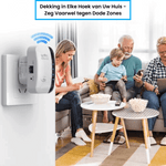 WiFi-repeater met gezin, biedt sterke verbinding door hele huis