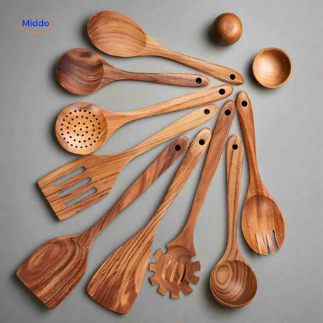 set d'ustensiles de cuisine en bois de teck classique, aspect naturel et élégant