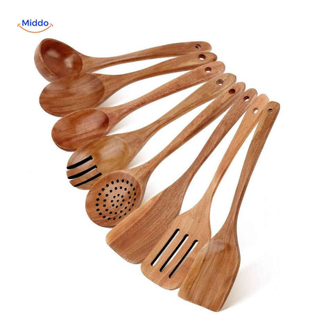 set d'ustensiles de cuisine en bois de teck naturel et durable, finition soignée