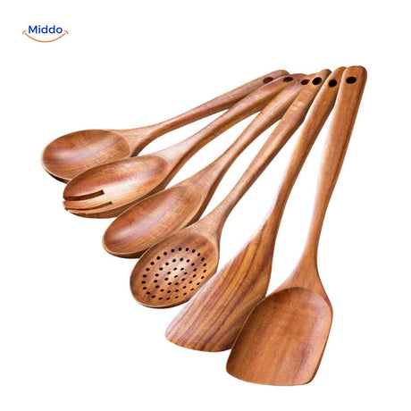 set 7 pièces d'ustensiles en bois de teck : spatules et cuillères pour la cuisine