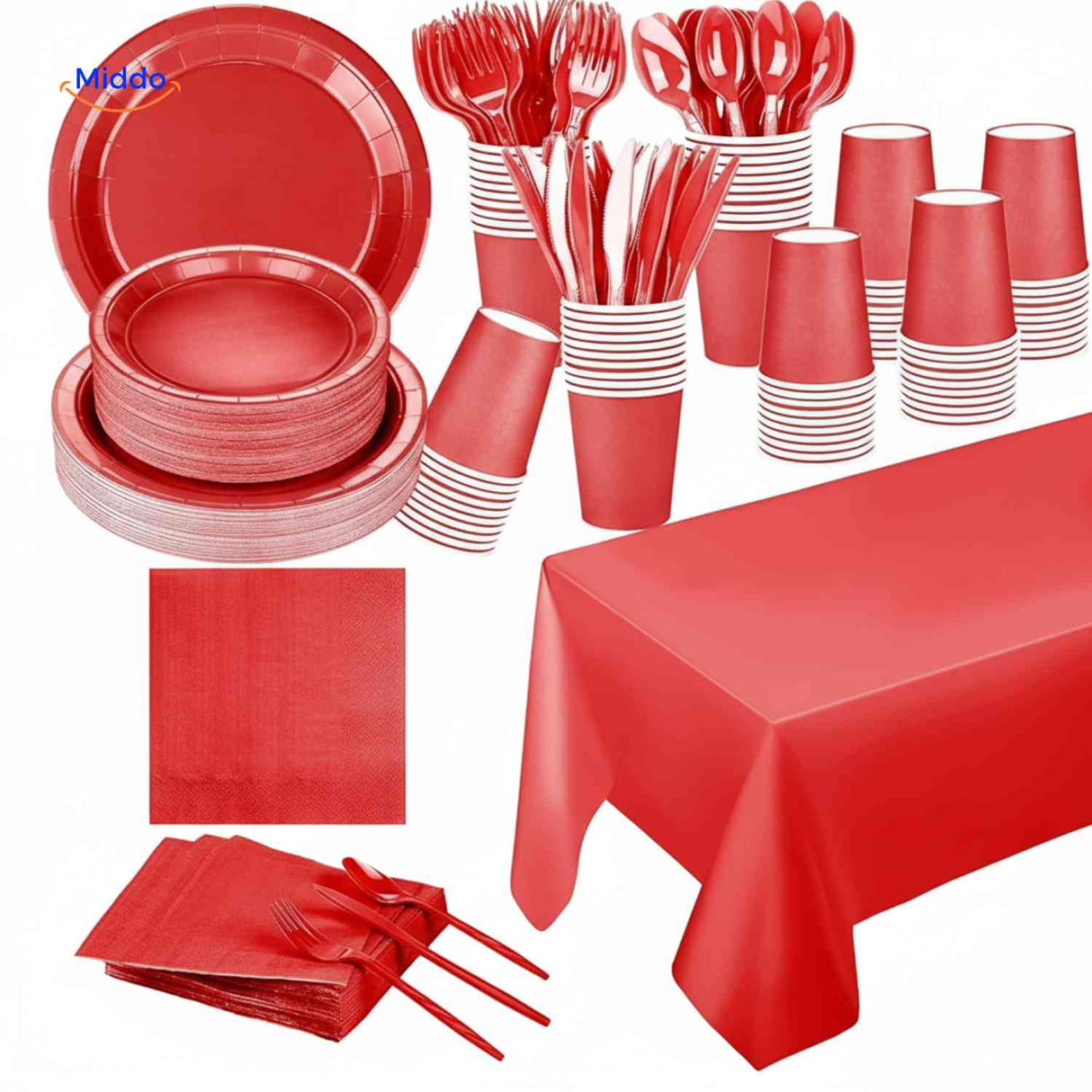 service de table jetable pour fête dans le coloris rouge avec assiettes, gobelets et couverts