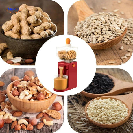 différentes variétés de cacahuètes disposées avec la machine pour illustrer les possibilités de recettes