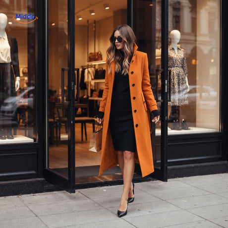 manteau long pour femme porté en sortant d'une boutique, coupe élégante et structurée