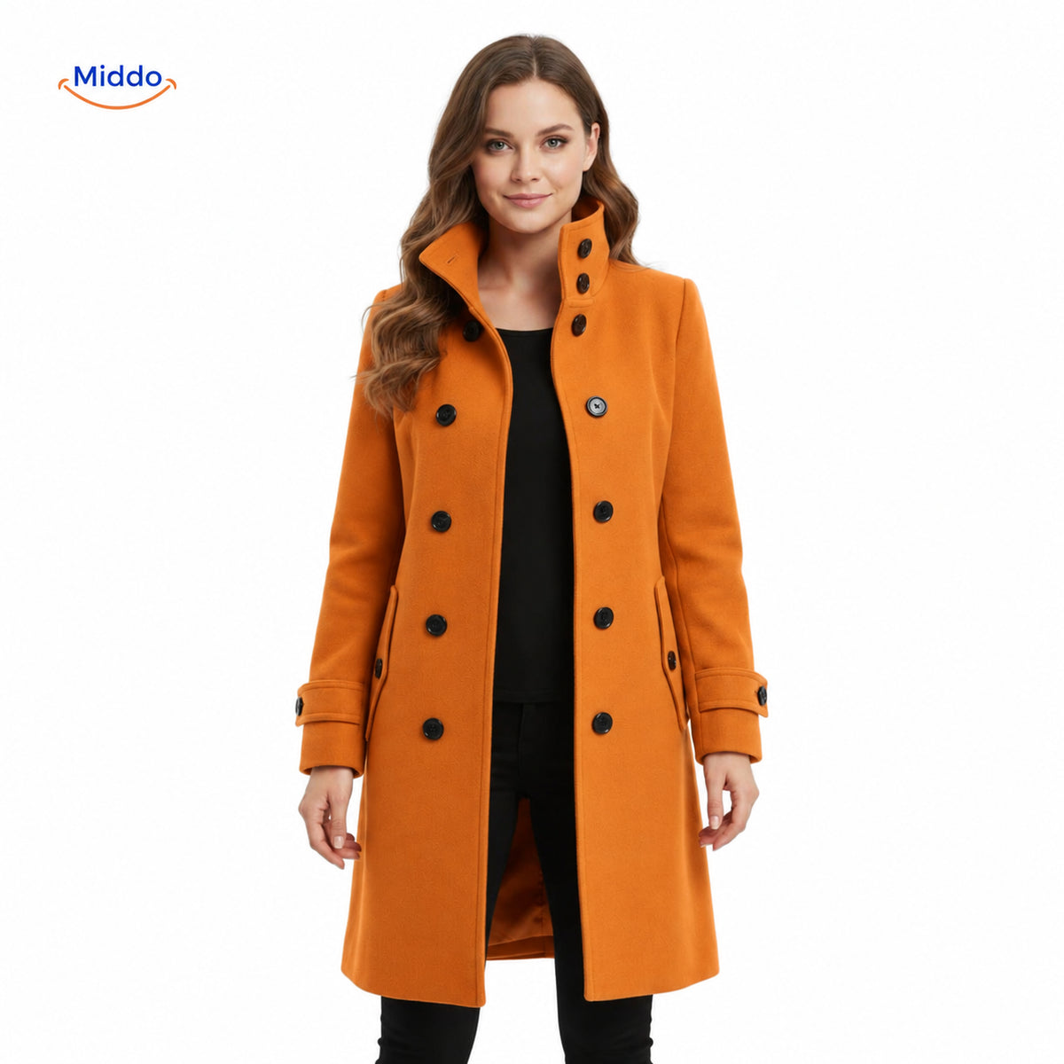 manteau en laine à fermeture boutonnée, vue de face fermée sur la veste longue