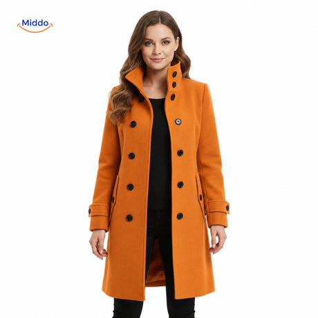 manteau en laine à fermeture boutonnée, vue de face fermée sur la veste longue