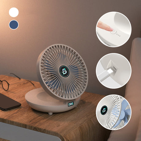 ventilateur posé sur une table de nuit dans une chambre à coucher avec ses commandes visibles