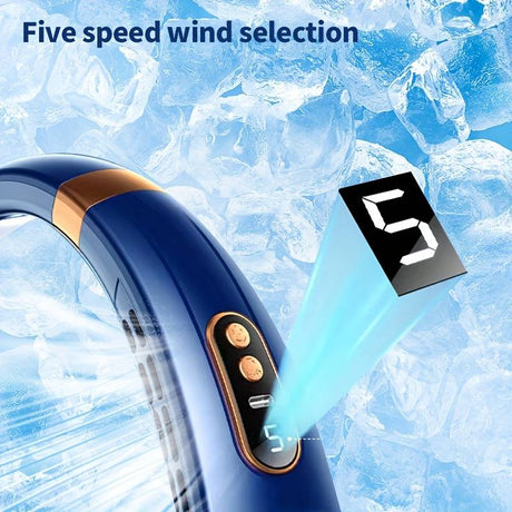 ventilateur de cou bleu léger avec cinq vitesses réglables, parfait pour voyager et se rafraîchir