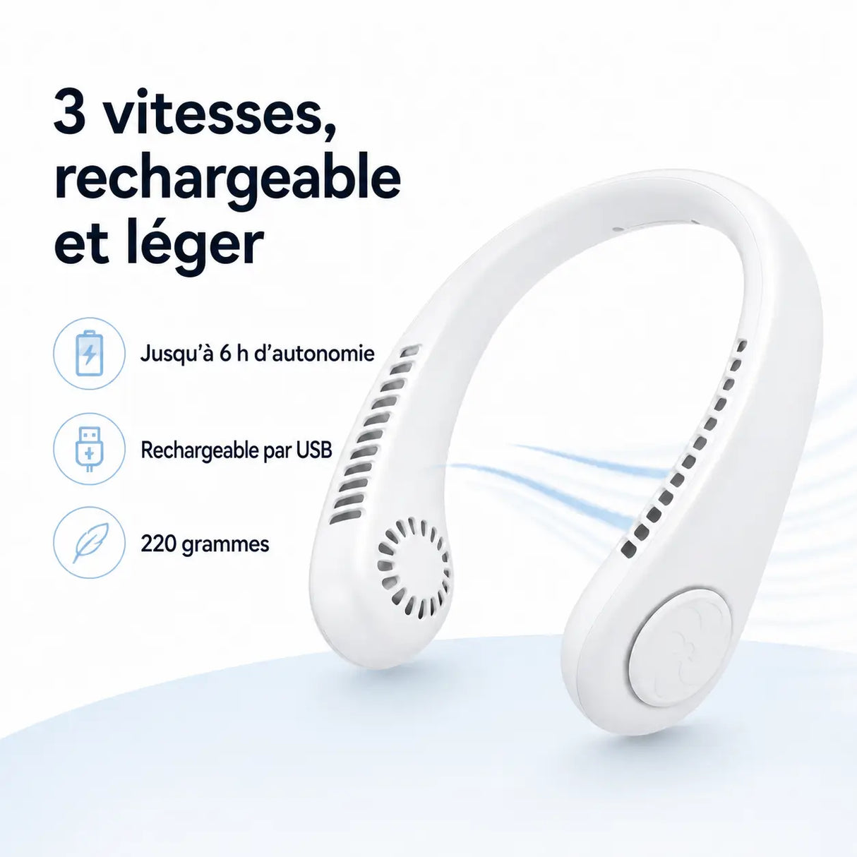 ventilateur de cou rechargeable vue de face montrant les ailettes et la forme souple