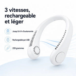 ventilateur de cou rechargeable vue de face montrant les ailettes et la forme souple