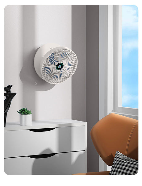 ventilateur monté au mur dans un salon moderne, installation propre et discrète