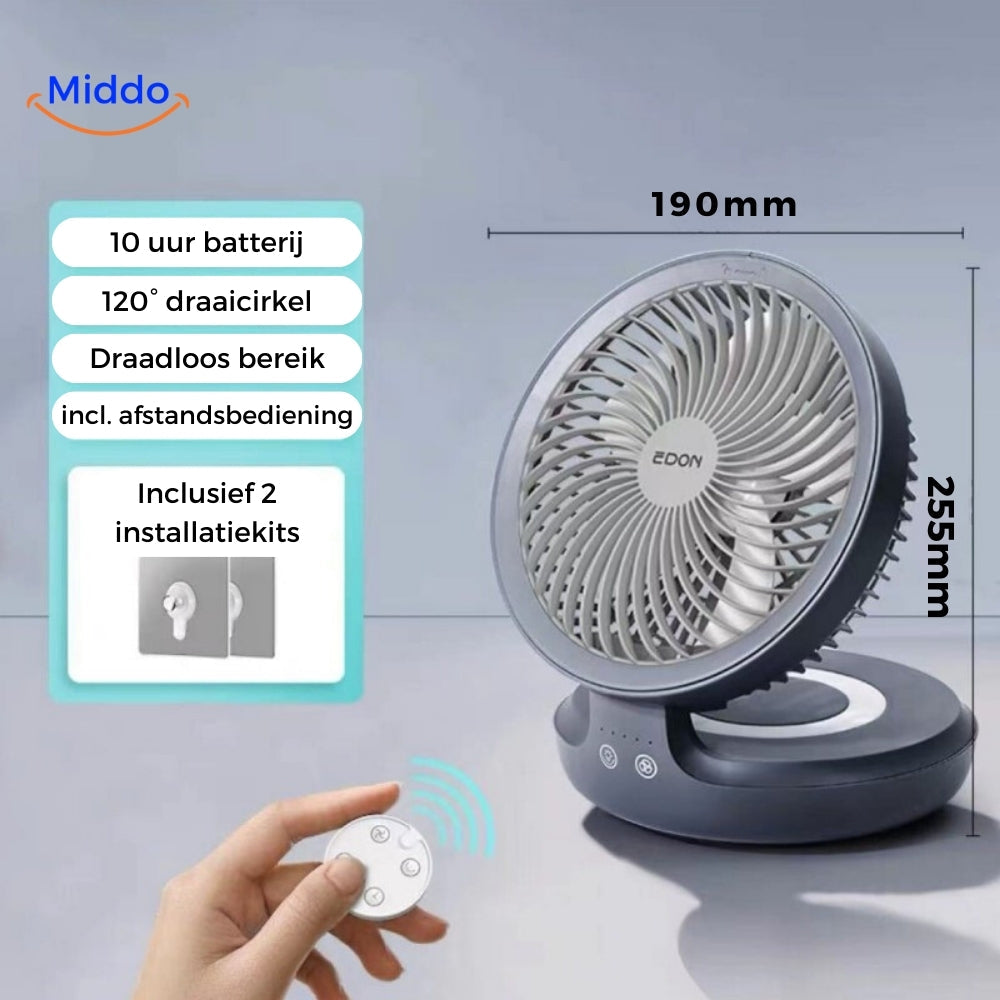 ventilateur orientable gris avec télécommande et aperçu des caractéristiques techniques