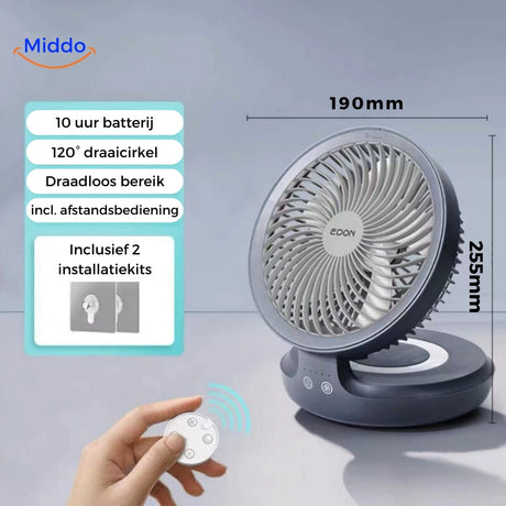 ventilateur orientable gris avec télécommande et aperçu des caractéristiques techniques
