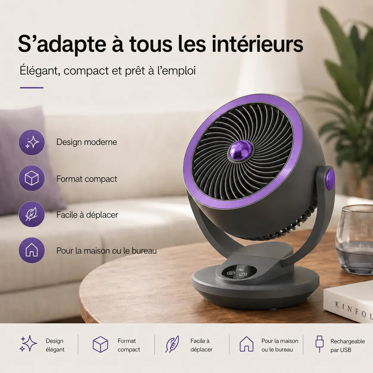 ventilateur silencieux posé dans une chambre, circulation d'air douce et puissante