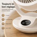 ventilateur vu du dessus avec design épuré et circulation d'air à 360 degrés