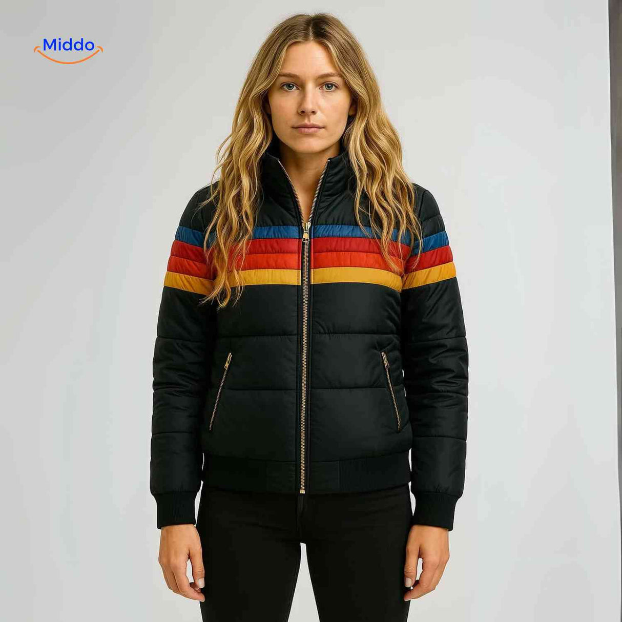 veste chaude noire style puffer rétro pour femme avec fermeture éclair intégrée