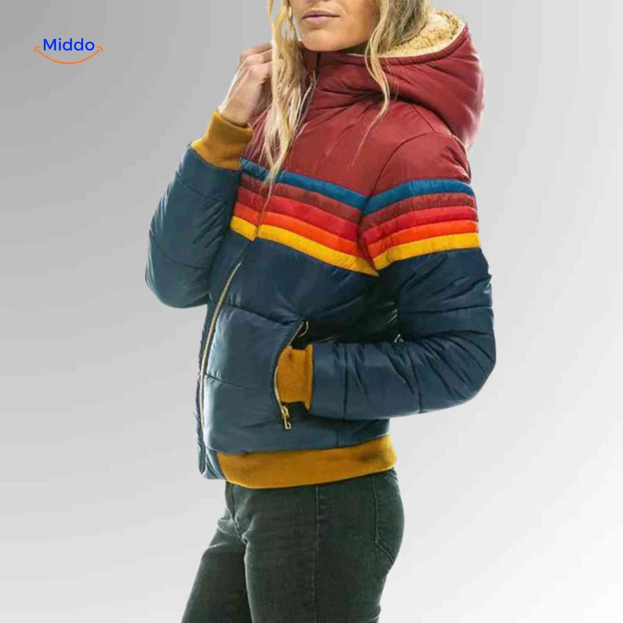 veste chaude d'hiver style rétro avec bandes multicolores, légère et tendance
