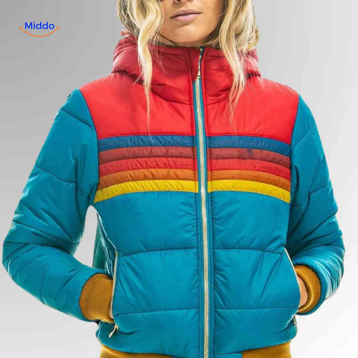veste chaude turquoise rétro pour femme avec fermeture éclair, coupe légère et élégante