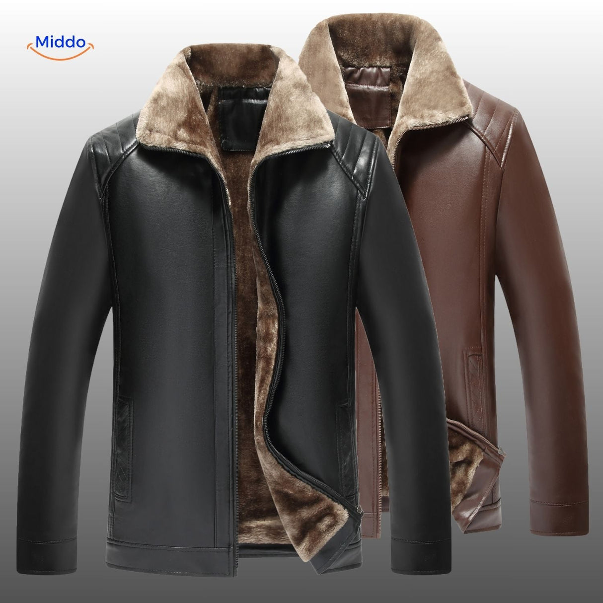 veste en cuir disponible en marron et noir avec doublure en fourrure, deux coloris côte à côte