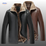 veste en cuir disponible en marron et noir avec doublure en fourrure, deux coloris côte à côte