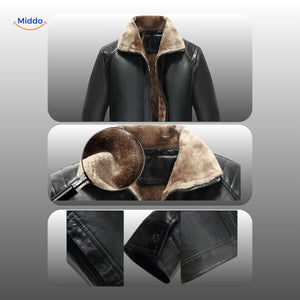 détail du col en fourrure et du design en cuir de la veste, texture et qualité des matières