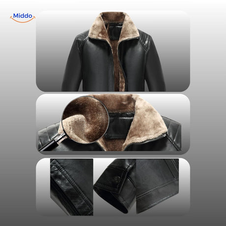 détail du col en fourrure et du design en cuir de la veste, texture et qualité des matières