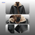 détail du col en fourrure et du design en cuir de la veste, texture et qualité des matières