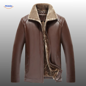 veste en cuir marron avec col en fourrure, vue de face, coloris chaud et style urbain élégant