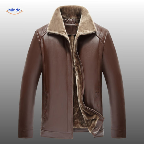 veste en cuir marron avec col en fourrure, vue de face, coloris chaud et style urbain élégant