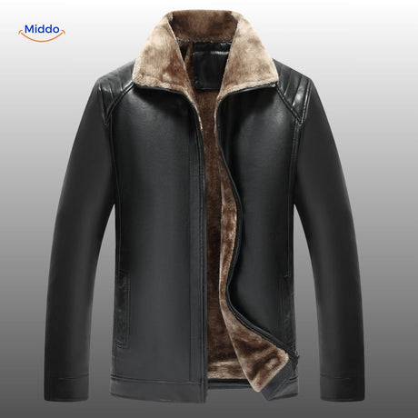 veste en cuir noir avec col en fourrure, vue de face, finitions soignées et design intemporel