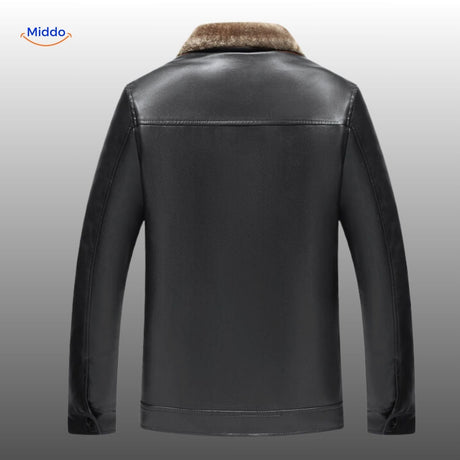 veste en cuir noir vue de dos sur un mannequin, silhouette structurée et coupe premium