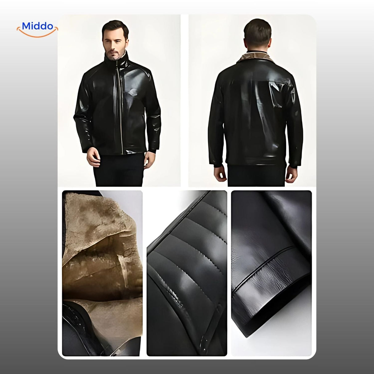veste en cuir noir présentée de face et de dos, aperçu des détails en fourrure et finitions